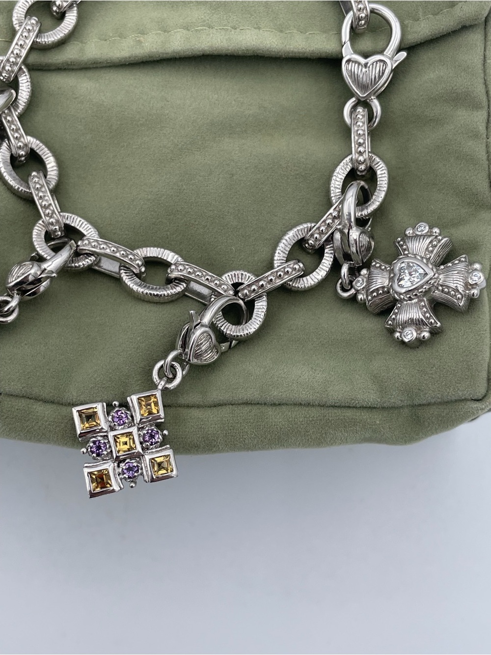 Judith Ripka Sterling Silver 925 Gemstone Maltese Cross Charm Bracelet Thailand - Picture 4 of 14